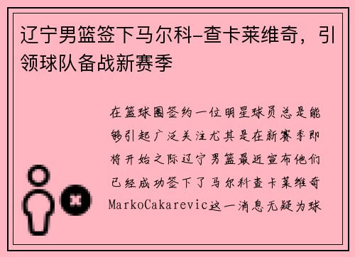 辽宁男篮签下马尔科-查卡莱维奇，引领球队备战新赛季