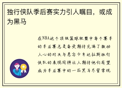 独行侠队季后赛实力引人瞩目，或成为黑马